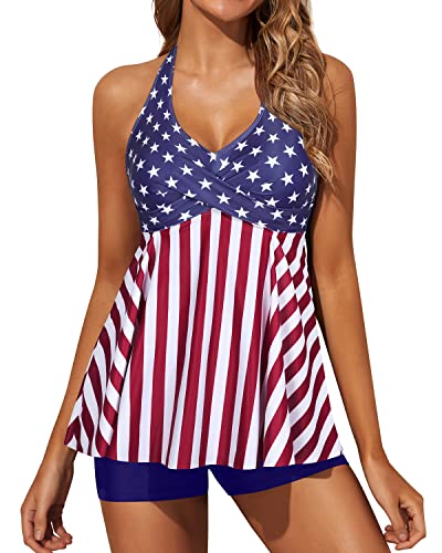 Two Piece Halter V Neck Tankini Swimsuits For Women Shorts-Flag