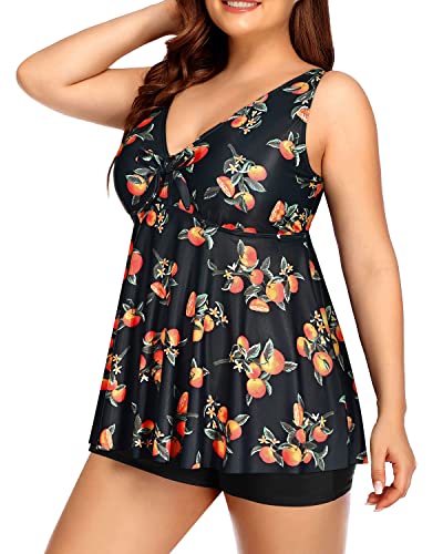 Plus Size Flowy Bathing Suits Boy Shorts Padded Push Up Bra-Black Orange