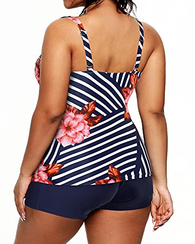 Tummy Control Tankini Two Piece Bathing Suits Plus Size Swimsuits Shorts-Blue Floral