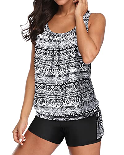 Women's 2 Piece Blouson Tankini Swimsuit Shorts For Tummy Control-Black Tribal