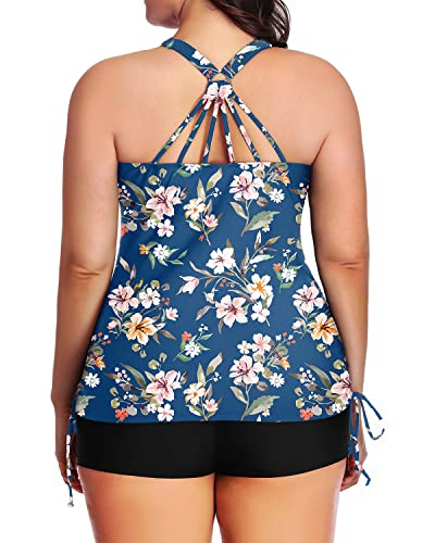 Women's Plus Size Flattering Tankini Set To Hide Mom Belly 2 Piece Swimwear-Blue Flower