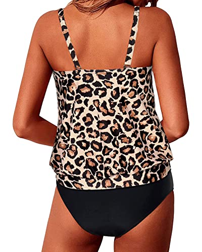 Loose Fit Tankini Swimwear Mid Waist Bottom For Tummy Control-Black And Leopard