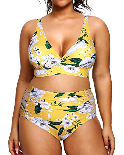 Tummy Control Plus Size Bikini High Waisted Bikini Swimsuits For Women-Yellow Flower