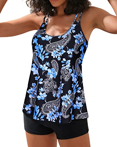 Athletic Swimsuits Tankini Top Boy Shorts Tummy Control Bathing Suits-Black Floral