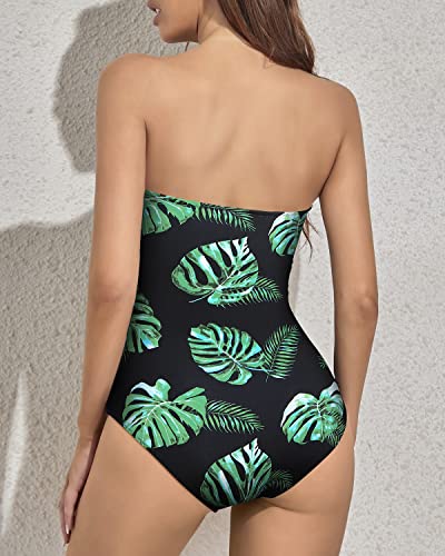 Women's Strapless Bandeau Bathing Suit Tummy Control One Piece Swimsuit-Black And Green Leaf