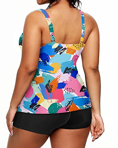 Plus Size Tankini Shorts Tummy Control Bathing Suit-Color Block