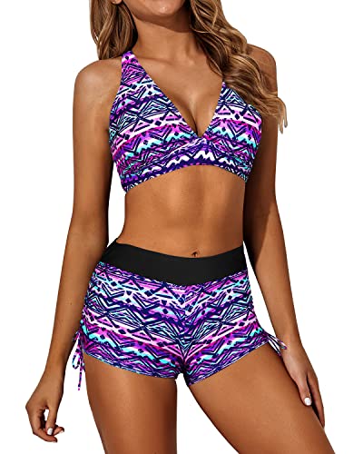 Athletic 3 Piece Tankini Swimsuits For Women-Black And Tribal Purple