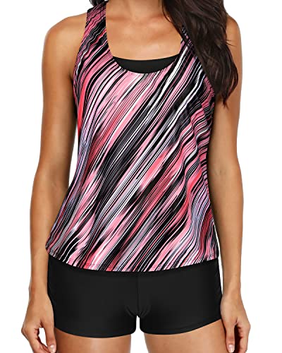 Women's Push Up Padded Tankini Top And D-Ring Strappy Swimsuit-Pink Stripe