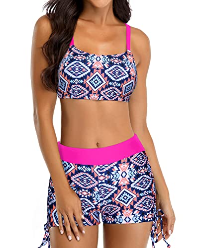 Women's Athletic Tankini Swimsuits Shorts And Bra Strappy Bathing Suits-Pink Tribal