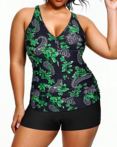 Athletic Plus Size Tankini Shorts Tummy Control Two Piece Swimsuits-Green Paisley
