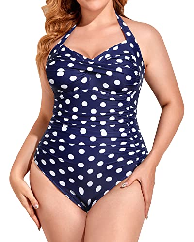 Removable Padded Bra Ruched Plus Size One Piece Swimsuit-Blue Dots