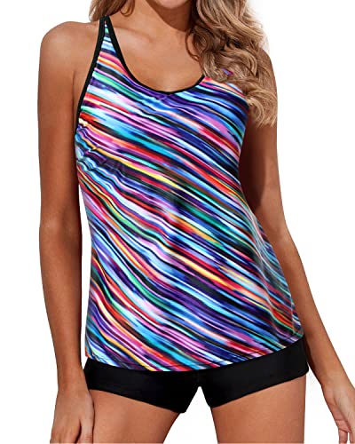 Athletic Tankini Swimsuits For Women Tummy Control And Boy Shorts-Color Oblique Stripe