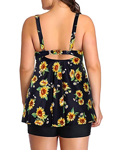 Full Coverage Boyleg Tankini Swimsuits Shorts-Black And Sunflower