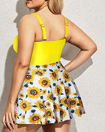 Plus Size Tie Front V Neck Swim Dress Push Up Padded Bra Bathing Suits-Yellow Floral