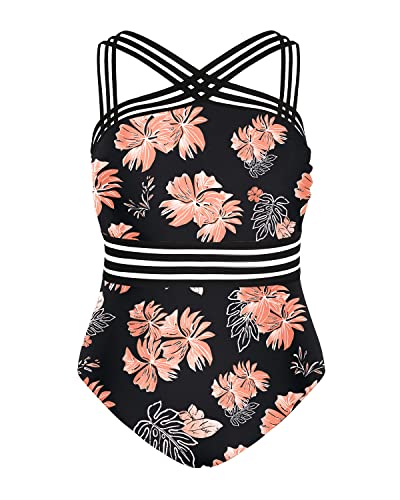 Strapless Monokinis One Piece Swimsuit For Plus Size Women-Black Orange Floral