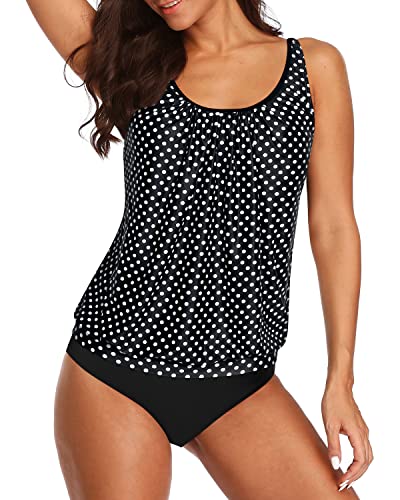 Women's 2 Piece Blouson Tankini Swimsuits Tummy Control Bathing Suits-Black Dot