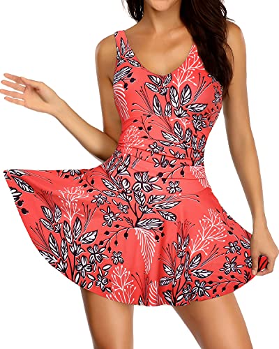 Vintage Style One Piece Swimdress For Women Built-In Bottom-Red Floral