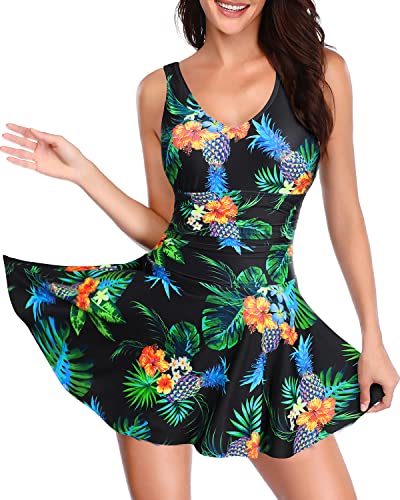 Elegant Pleated Long Swim Dress Built-In Bottom For Women-Black Pineapple