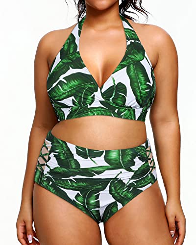 High Waisted Slimming Two Piece Bikini Swimsuits For Women-Green Leaf