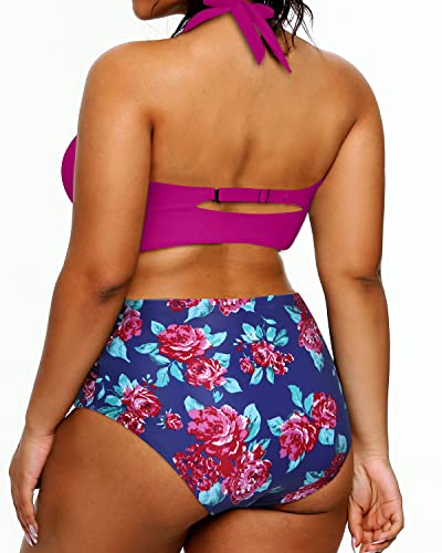 Plus Size High Waisted Two Piece Halter Bikini Tummy Control Swimsuit-Pink Floral