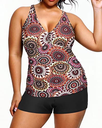 Athletic Women's Plus Size Swimwear High Waisted Bottom Tankini Sets-Brown Print