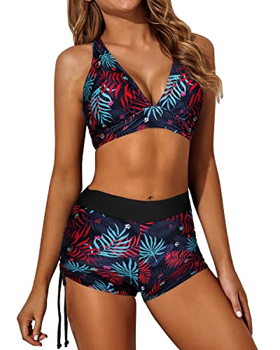 Cute Tank Top And Boy Shorts Set Open Back Tankini-Red And Leaf