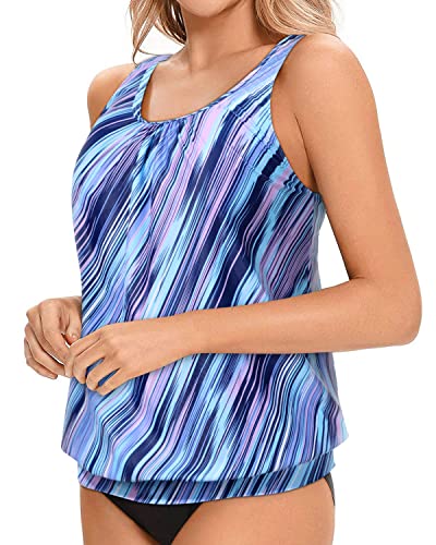 Women's Tankini Tops Blouson Loose Fit Modest Tank Top-Blue