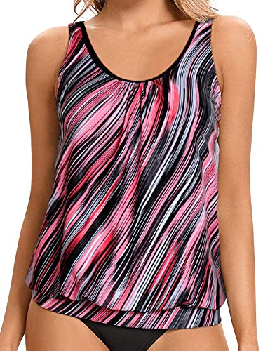 Athletic Style Tankini Top Adjustable Straps For Women Swimwear-Pink Stripe