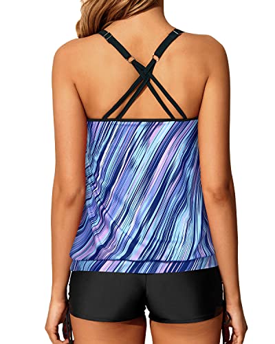 Slimming Criss Cross Back Blouson Tankini Swimsuits Boy Shorts-Blue And Black Stripe