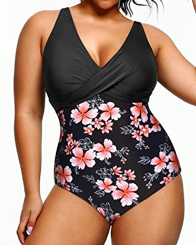 Plunge Deep V-Neck Plus Size Swimsuit For Women-Black Flower