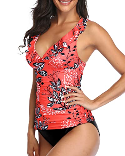2 Piece Sexy Falbala Flounce Tankini Swimsuits Ruched Bathing Suits-Red Floral