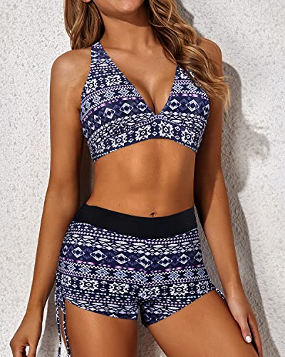 Modest Tankini Open Back 3 Piece Swimsuits For Women-Black Tribal