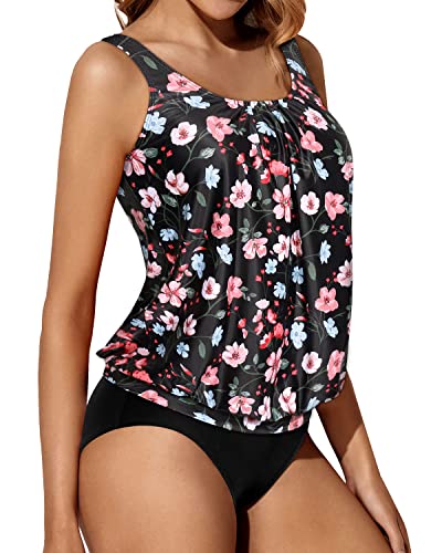 Casual And Chic Blouson Tankini Sets Loose Fitting Tank Tops For Women-Black And Pink Floral
