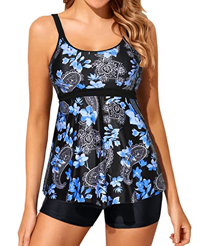 Two Piece Tankini Bathing Suits For Women Tummy Control Swimsuits Boy Shorts-Blue Floral