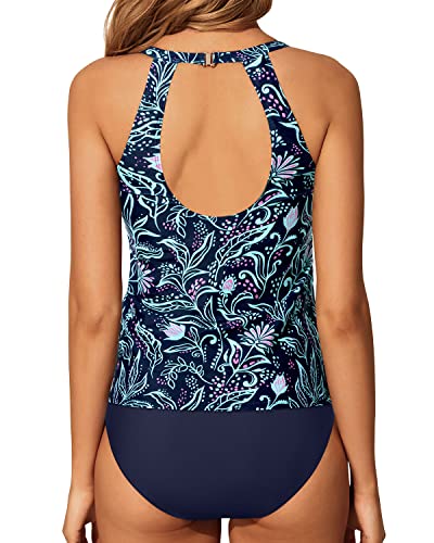 Stylish Keyhole Design Tummy Control Tankini Bathing Suit-Blue Floral