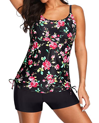 Modest Coverage Long Torso Tankini Swimsuits For Women-Black Floral