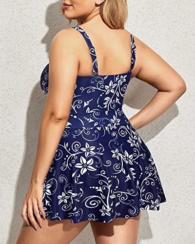 Plus Size Push Up Padded Bra Swimsuit Dress Bottom Coverage-Navy Blue Floral