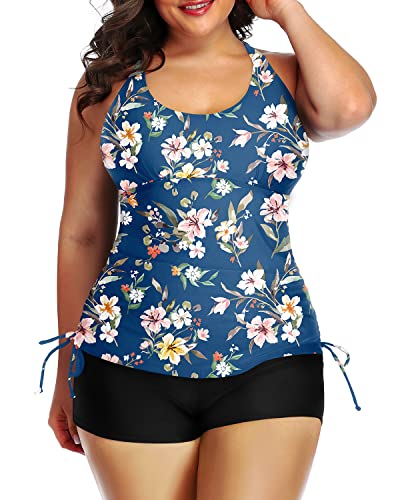 Women's Plus Size Flattering Tankini Set To Hide Mom Belly 2 Piece Swimwear-Blue Flower