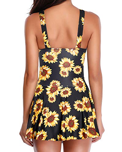 Vintage Long One Piece Swimsuit Skirt For Women-Black And Sunflower