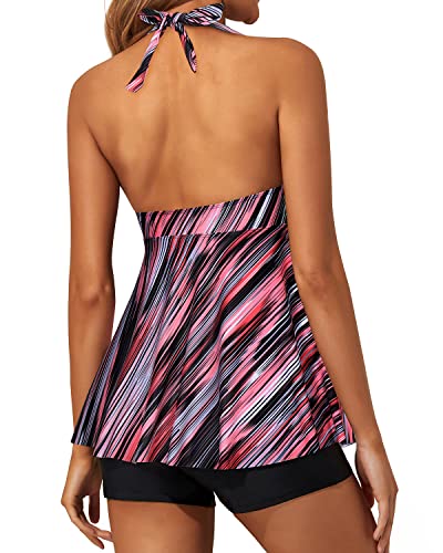 Women's 2 Piece Halter Tankini Swimsuit Shorts And Flowy Twist Front-Pink Stripe