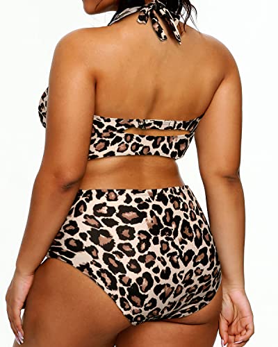 Plus Size Women's Sexy Two Piece Halter Bikini Ruched Bottom-Leopard