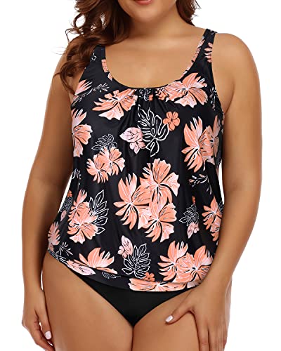 Women's Plus Size Two Piece Blouson Tankini Swimsuit-Black Orange Floral
