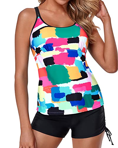 Athletic Two Piece Bathing Suits Adjustable Shoulders For Women Boyshorts-Aqua