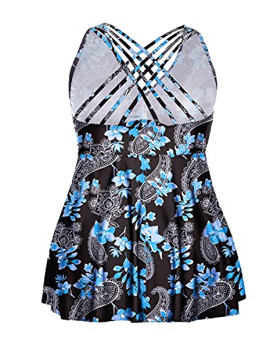 Long Plus Size Tankini Top V Neck Swim Top For Women-Blue Floral