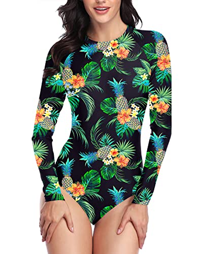 Womens Zipper Surfing Swimsuit Upf 50 Rash Guard Long Sleeve Swimsuit-Black Pineapple