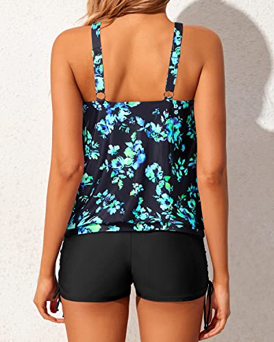 2 Piece Blouson Tankini Swimsuits For Women Boyshorts-Black Blue Floral