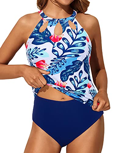 High Waisted Swim Bottom Tummy Control Backless Tankini-White And Blue Floral