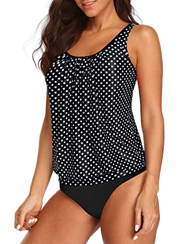 Women's 2 Piece Blouson Tankini Swimsuits Tummy Control Bathing Suits-Black Dot