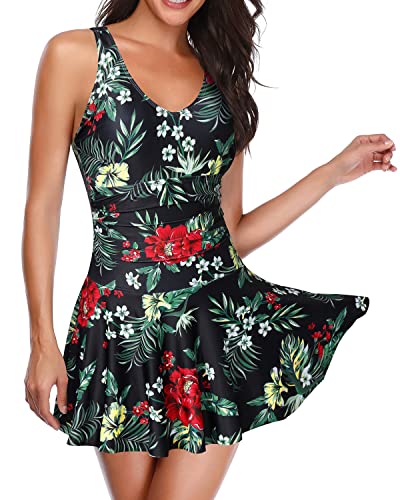 Tummy Control One Piece Skirt Swimwear For Women-Black And Red Floral