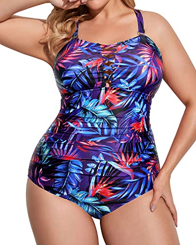 Full Coverage Plus Size Removable Padded Bra Lace Up One Piece Swimsuit-Blue Leaves